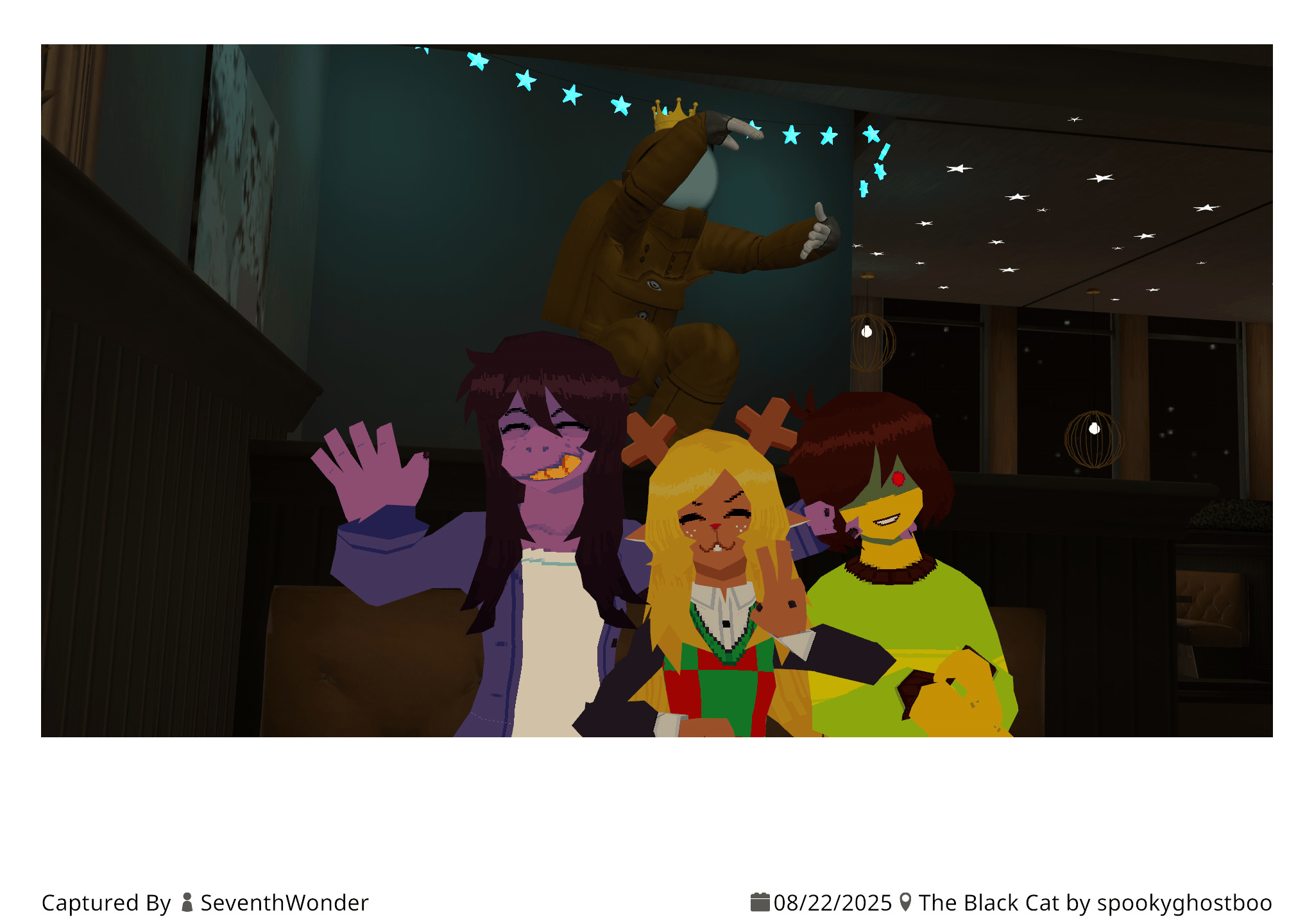 A screenshot of VR Chat avatars of Susie, Noelle, and Kris from Deltarune. They are sitting in a restaurant booth.