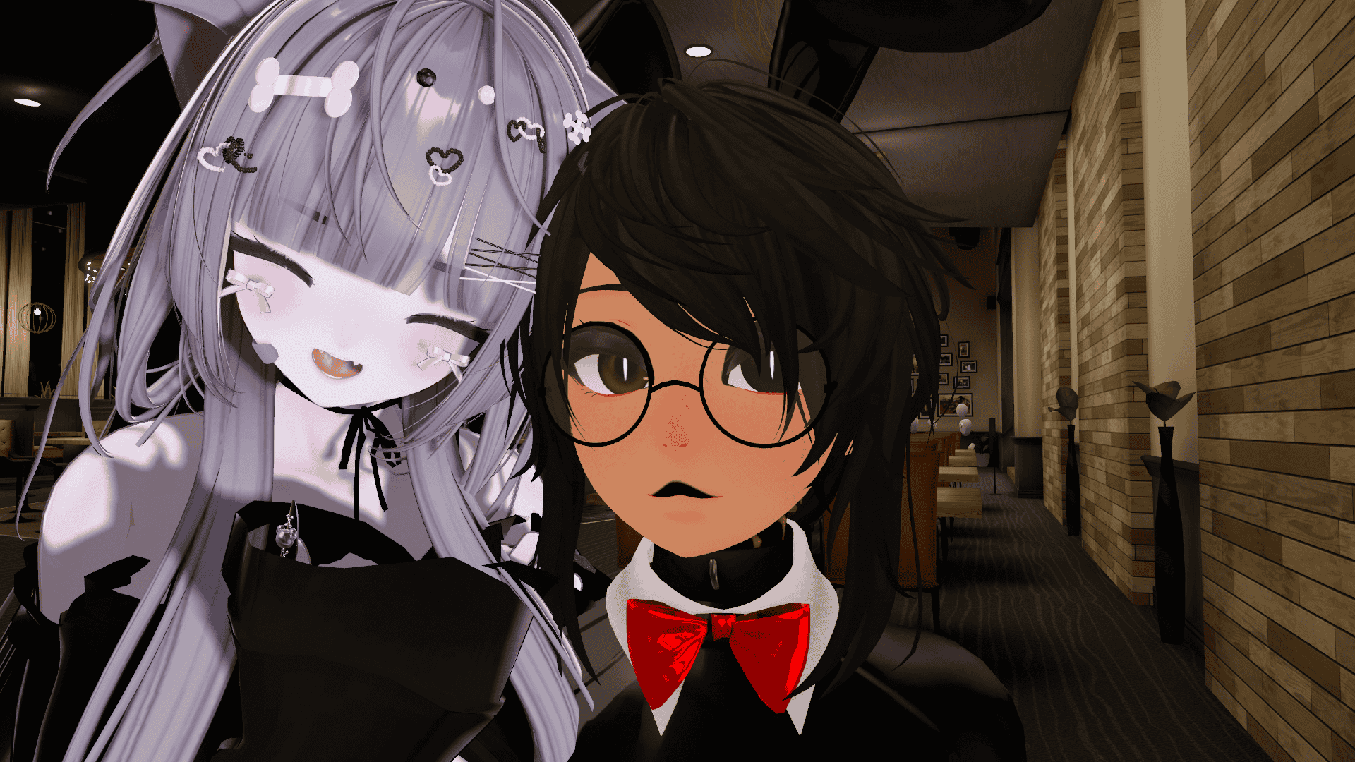 A selfie of two avatars in The Black Cat VR Chat world. They are a cheerful catgirl with long straight light purple hair and pale skin and a human girl with tan skin and messy black hair in an updo wearing a latex bunny suit and ears and round glasses.