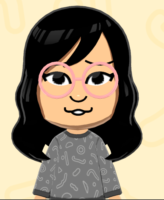 Hayan, the webmistress, as a Tomodachi Life Mii. She is a young Asian woman with long wavy black hair, large front teeth, and round glasses.